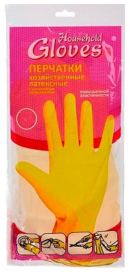 Перчатки резиновые хоз GLOVES с хлопковым напылением арт KHL001Е желтые р.S