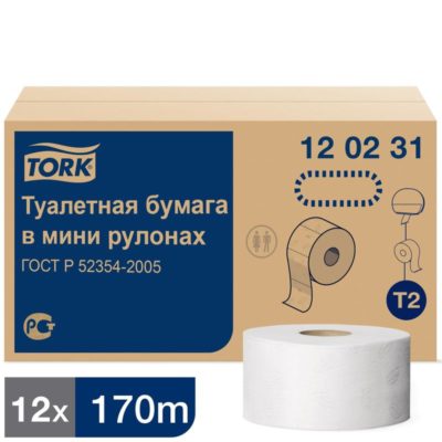 Бумага туалетная в рулонах Tork 120231 Advanced T2 2-слойная 12 рулонов по 170 метров