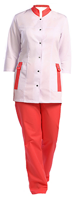 448 Костюм тиси р 40 блуза цв белый,отделка+брюки цветные, рукав3/4, кнопки