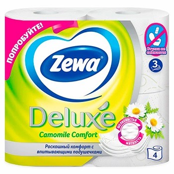 Бумага туалетная ZEWA (ЗЕВА) Deluxe Ромашка 3-х слойная на втулке  (4 рулона)