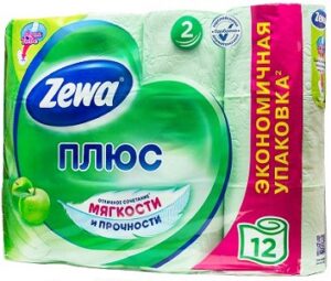 Бумага туалетная ZEWA (Зева) ПЛЮС Яблоко, 2-х слойная на втулке (упаковка-12 рулонов)