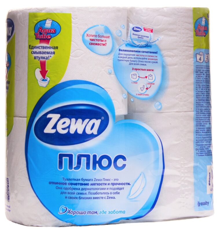 Бумага туалетная ZEWA (ЗЕВА) ПЛЮС 2-х слойная на втулке белая (4 рулона)