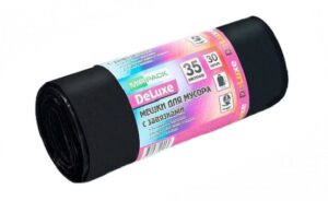Мешки для мусора DELUXE 35л 35 мкм, чёрные С ЗАВЯЗКАМИ (1рулон-30шт)