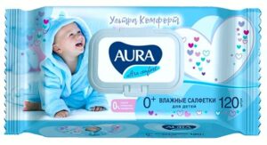 Салфетки влажные  для детей AURA Ultra comfort "Витамин Е и алоэ" 120 шт, с крышкой