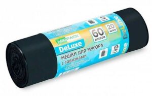 Мешки для мусора DeLuxe 60л, 35 мкм, с завязками, чёрные (1рулон-20шт)