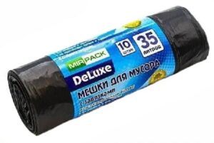 Мешки для мусора DELUXE 35л 35 мкм, чёрные С ЗАВЯЗКАМИ (1рулон-10шт)